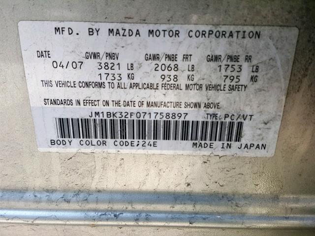 JM1BK32F071758897 - 2007 MAZDA 3 I SILVER photo 10