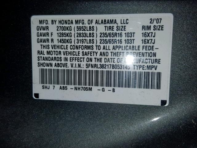 5FNRL38217B053145 - 2007 HONDA ODYSSEY LX GRAY photo 10