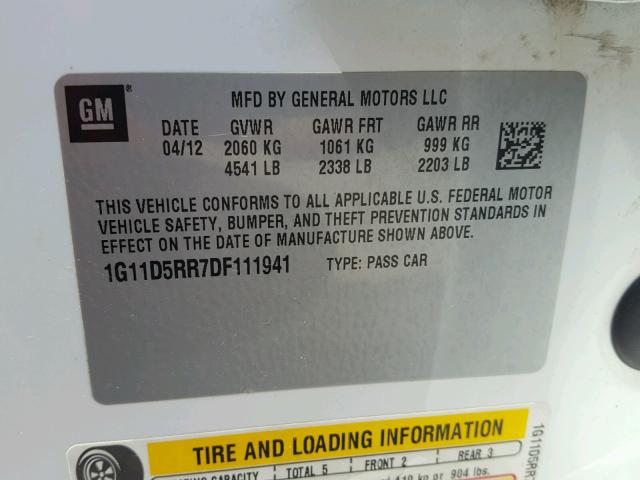 1G11D5RR7DF111941 - 2013 CHEVROLET MALIBU 1LT თეთრი ფოტო 10