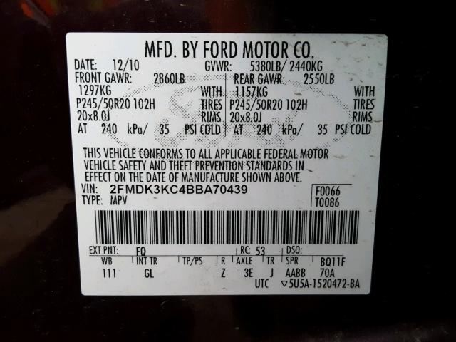 2FMDK3KC4BBA70439 - 2011 FORD EDGE LIMIT MAROON photo 10