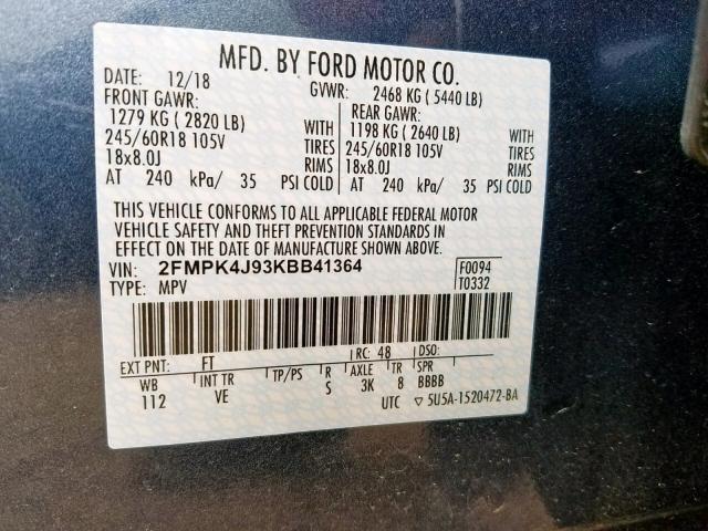 2FMPK4J93KBB41364 - 2019 FORD EDGE SEL BLUE photo 10