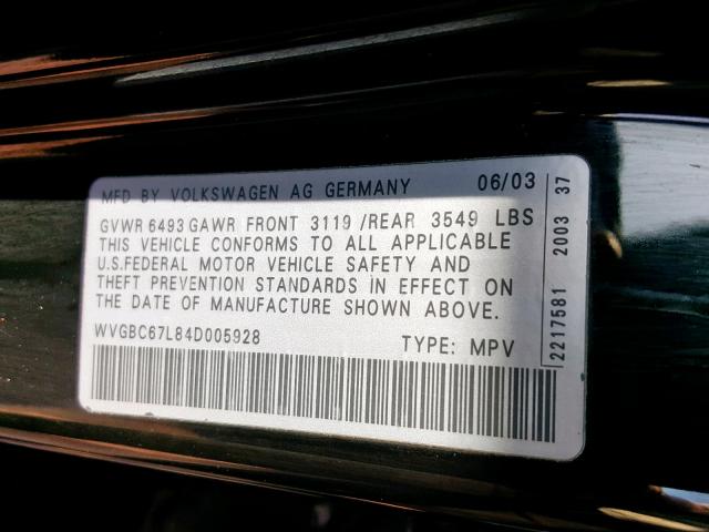 WVGBC67L84D005928 - 2004 VOLKSWAGEN TOUAREG 3. BLACK photo 10