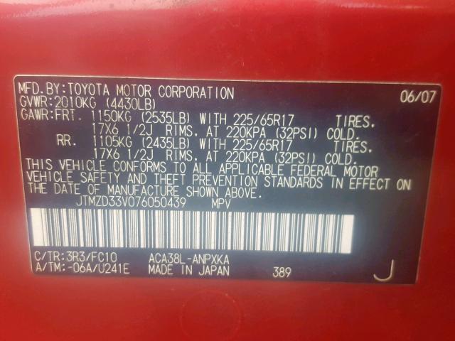 JTMZD33V076050439 - 2007 TOYOTA RAV4 RED photo 10