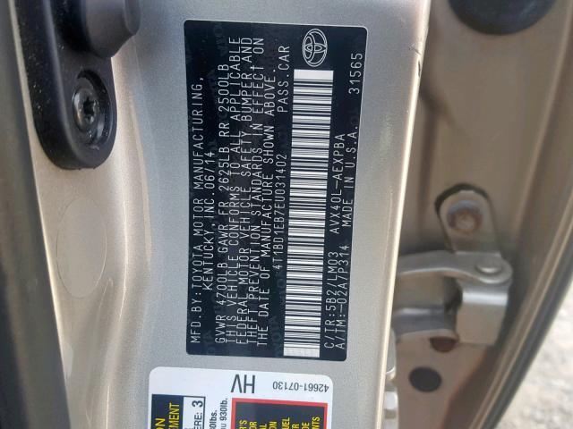 4T1BD1EB7EU031402 - 2014 TOYOTA AVALON HYB TAN photo 10