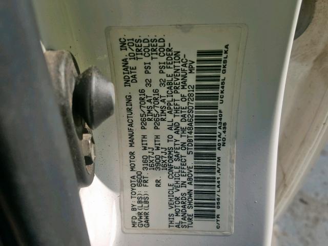 5TDBT48A62S072812 - 2002 TOYOTA SEQUOIA LI WHITE photo 10