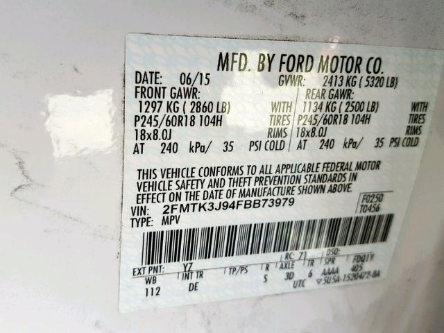 2FMTK3J94FBB73979 - 2015 FORD EDGE SEL WHITE photo 10