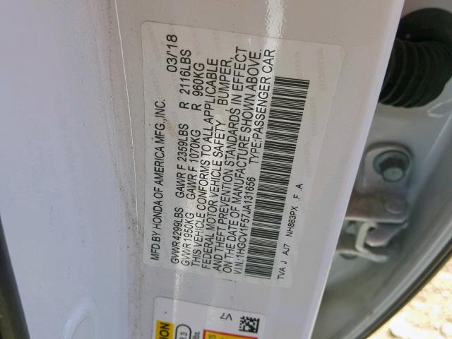 1HGCV1F57JA131656 - 2018 HONDA ACCORD EXL WHITE photo 10