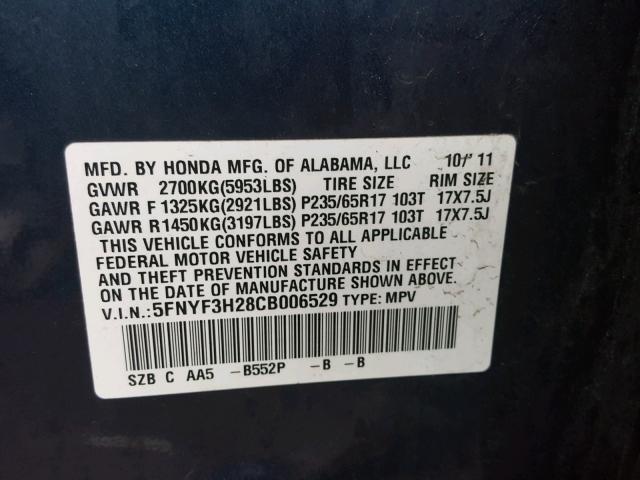 5FNYF3H28CB006529 - 2012 HONDA PILOT LX BLUE photo 10