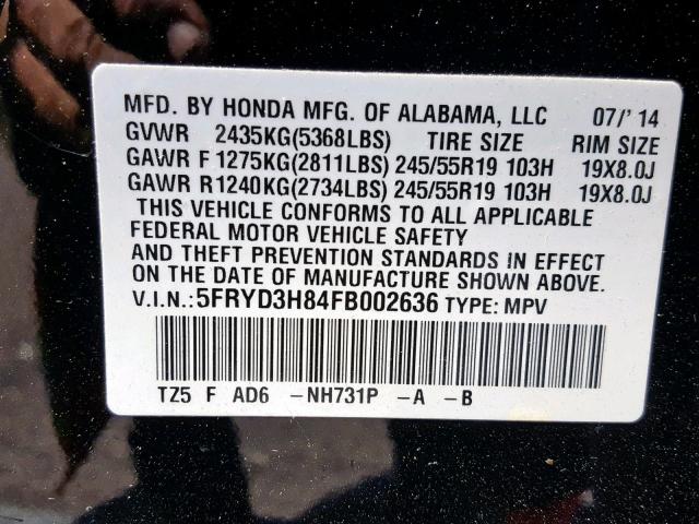 5FRYD3H84FB002636 - 2015 ACURA MDX ADVANC BLACK photo 10