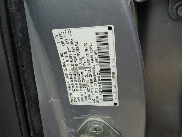 5J8TB18238A010287 - 2008 ACURA RDX SILVER photo 10