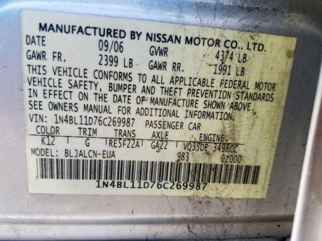 1N4BL11D76C269987 - 2006 NISSAN ALTIMA SE SILVER photo 10