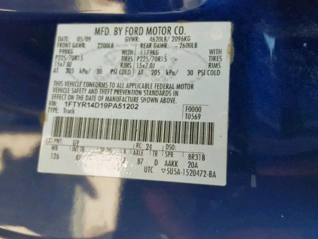 1FTYR14D19PA51202 - 2009 FORD RANGER SUP BLUE photo 10