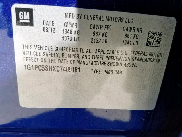 1G1PC5SHXC7409181 - 2012 CHEVROLET CRUZE LS BLUE photo 10