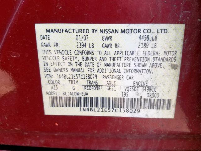 1N4BL21E57C158029 - 2007 NISSAN ALTIMA 3.5 RED photo 10