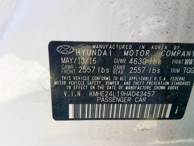 KMHE24L19HA043457 - 2017 HYUNDAI SONATA HYB WHITE photo 10