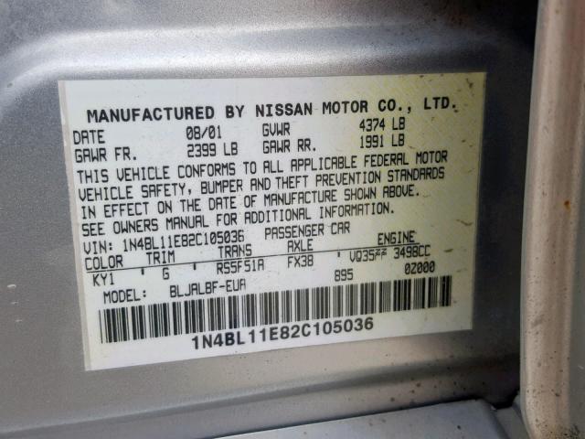 1N4BL11E82C105036 - 2002 NISSAN ALTIMA SE SILVER photo 10