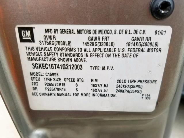 3GKEC16T41G212003 - 2001 GMC YUKON XL C GRAY photo 10