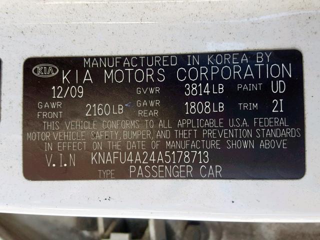 KNAFU4A24A5178713 - 2010 KIA FORTE EX WHITE photo 10