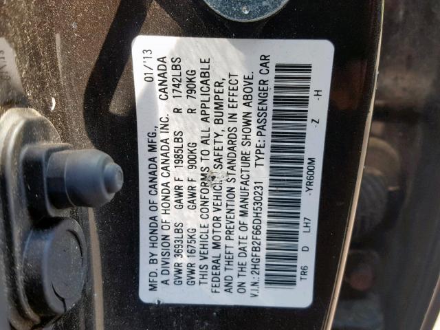 2HGFB2F66DH530231 - 2013 HONDA CIVIC HF CHARCOAL photo 10