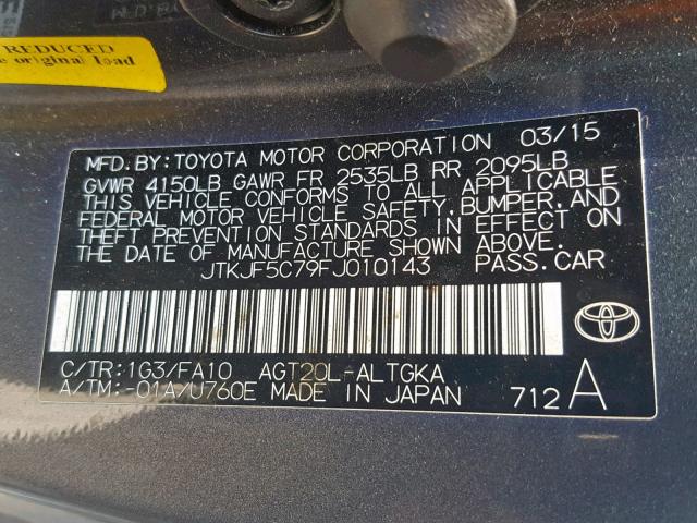 JTKJF5C79FJ010143 - 2015 TOYOTA SCION TC ნაცრისფერი ფოტო 10