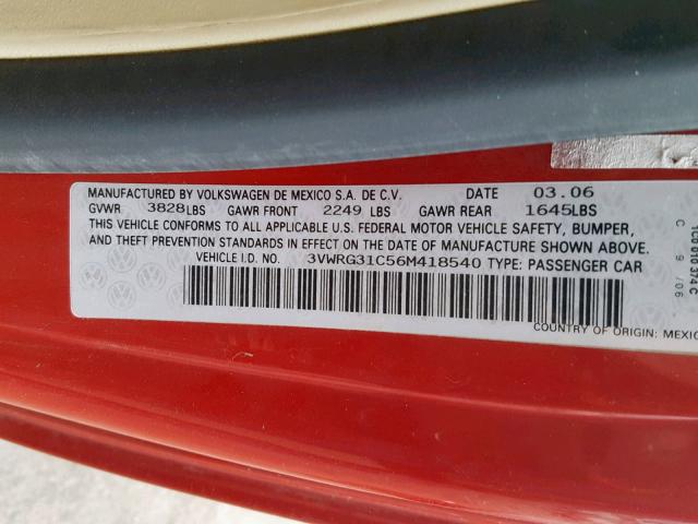 3VWRG31C56M418540 - 2006 VOLKSWAGEN NEW BEETLE RED photo 10