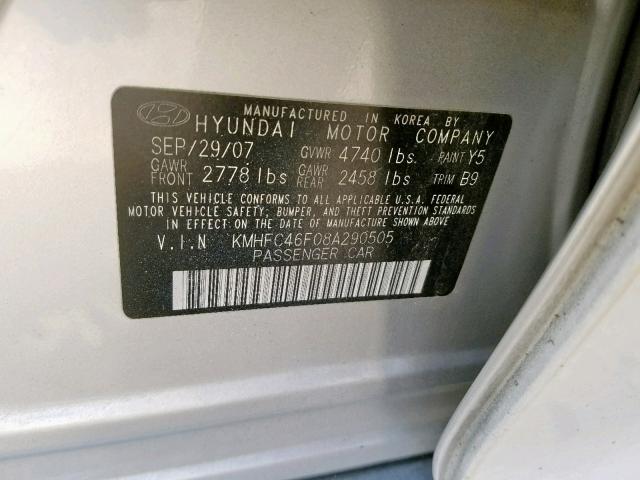 KMHFC46F08A290505 - 2008 HYUNDAI AZERA SE WHITE photo 10