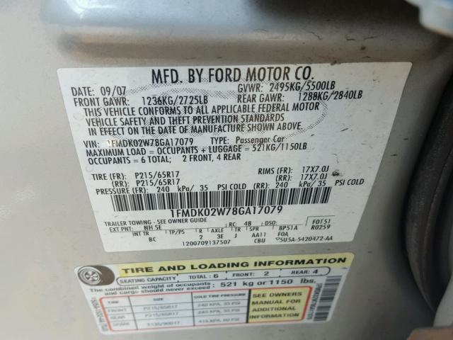 1FMDK02W78GA17079 - 2008 FORD TAURUS X S CREAM photo 10