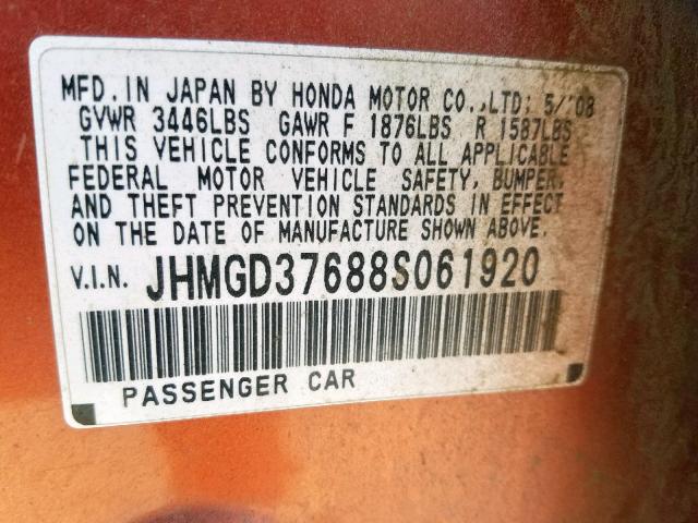 JHMGD37688S061920 - 2008 HONDA FIT SPORT ORANGE photo 10