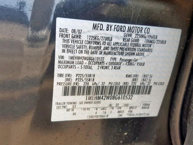 1MEHM42W08G610532 - 2008 MERCURY SABLE PREM BLACK photo 10