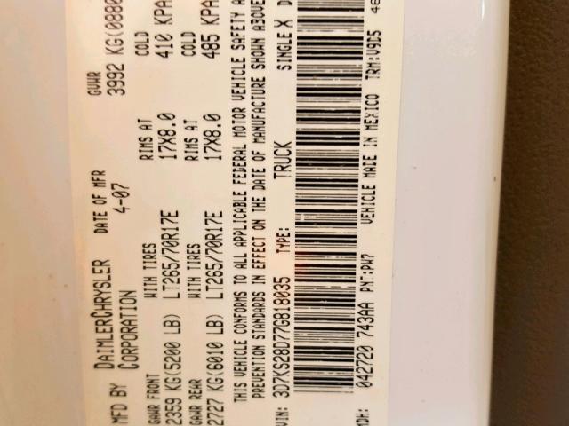 3D7KS28D77G818035 - 2007 DODGE RAM 2500 S Սպիտակ լուսանկար 10