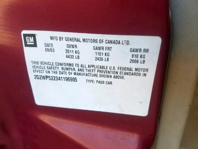2G2WP522341196905 - 2004 PONTIAC GRAND PRIX MAROON photo 10