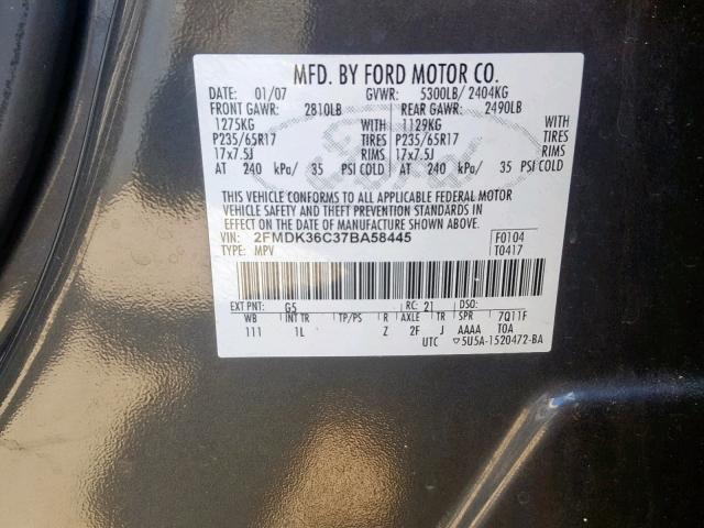 2FMDK36C37BA58445 - 2007 FORD EDGE SE GRAY photo 10