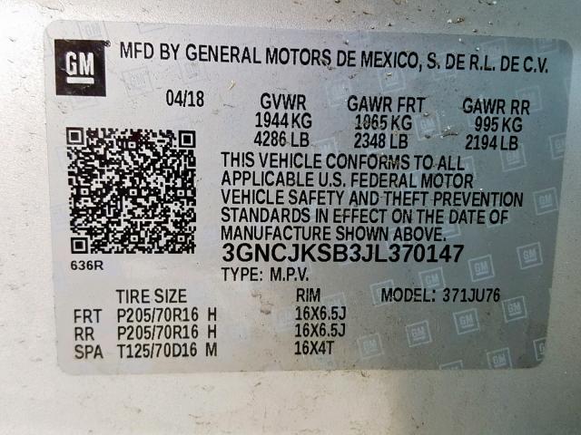 3GNCJKSB3JL370147 - 2018 CHEVROLET TRAX LS SILVER photo 10