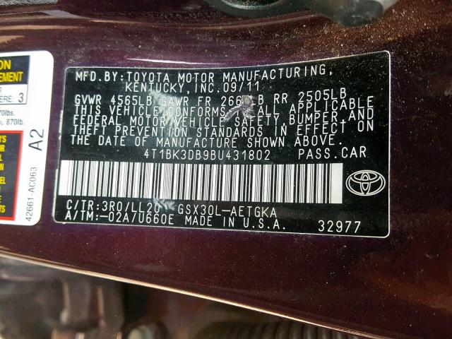 4T1BK3DB9BU431802 - 2011 TOYOTA AVALON BAS SILVER photo 10