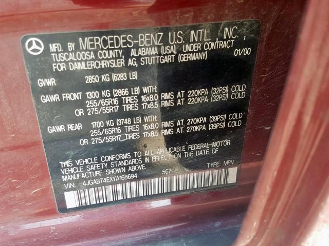 4JGAB74EXYA168694 - 2000 MERCEDES-BENZ ML 55 RED photo 10