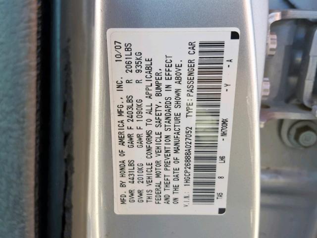 1HGCP26888A027052 - 2008 HONDA ACCORD EXL SILVER photo 10