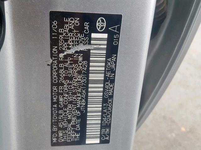 JTNBK46K173017428 - 2007 TOYOTA CAMRY LE SILVER photo 10