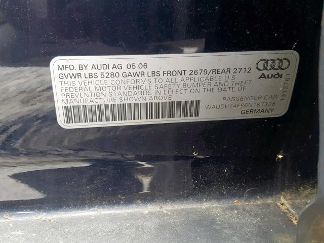 WAUDH74F96N187328 - 2006 AUDI A6 3.2 QUA BLUE photo 10