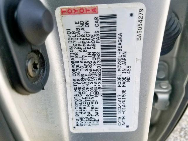 JTHBF30G920013062 - 2002 LEXUS ES 300 SILVER photo 10