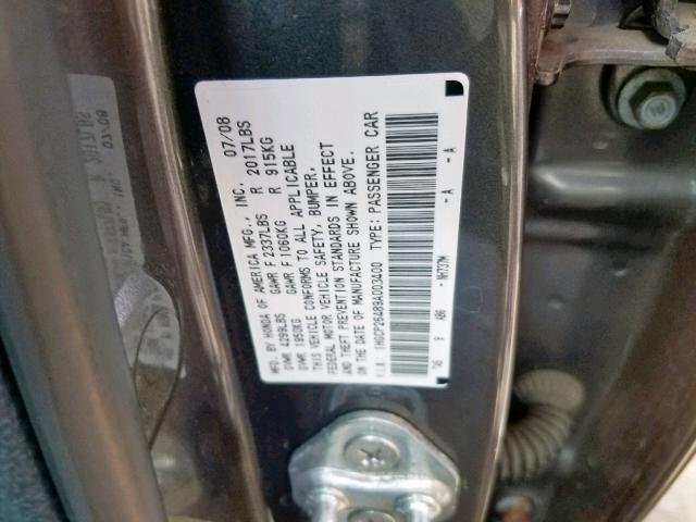 1HGCP26489A003400 - 2009 HONDA ACCORD LXP GRAY photo 10