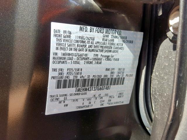 1MEHM43137G607481 - 2007 MERCURY MONTEGO PR 黑色 照片 10