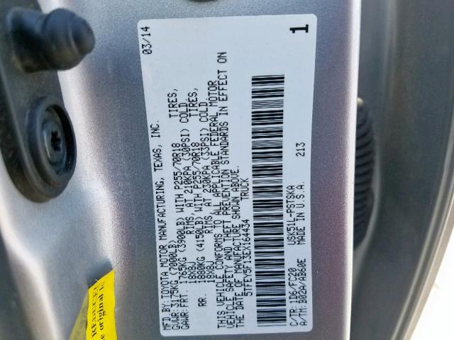 5TFEY5F13EX164434 - 2014 TOYOTA TUNDRA CRE SILVER photo 10