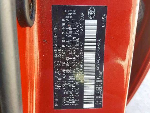 4T1BE46KX7U027487 - 2007 TOYOTA CAMRY NEW RED photo 10