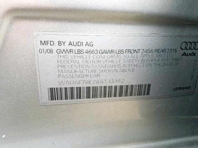 WAUAF78E28A133342 - 2008 AUDI A4 2.0T SILVER photo 10