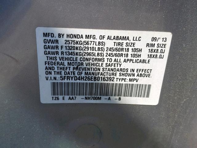 5FRYD4H26EB016392 - 2014 ACURA MDX SILVER photo 10