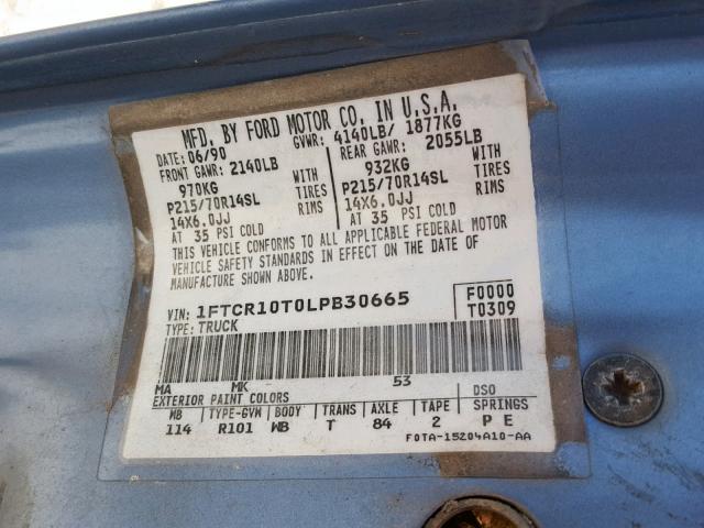 1FTCR10T0LPB30665 - 1990 FORD RANGER BLUE photo 10