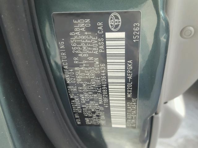 4T1BF28B94U364436 - 2004 TOYOTA AVALON XL GREEN photo 10