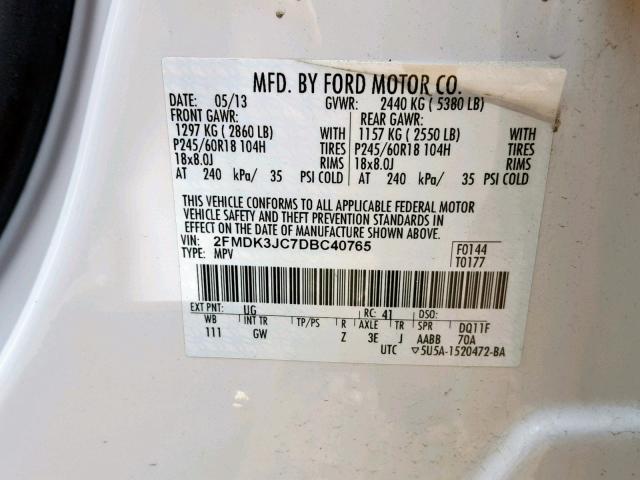 2FMDK3JC7DBC40765 - 2013 FORD EDGE SEL WHITE photo 10