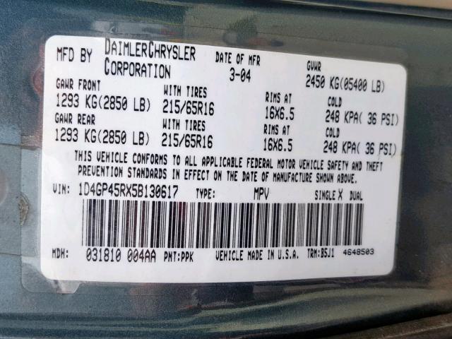 1D4GP45RX5B130617 - 2005 DODGE CARAVAN SX BLUE photo 10