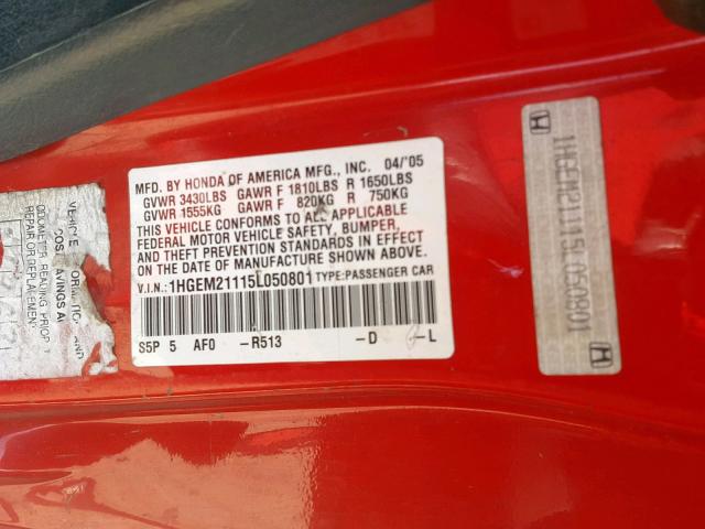 1HGEM21115L050801 - 2005 HONDA CIVIC DX V RED photo 10